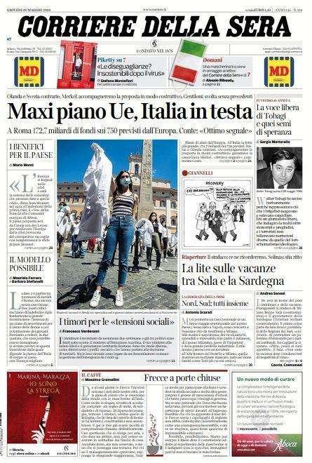 L'apertura del Corriere della Sera: "Maxi piano UE, Italia in testa"