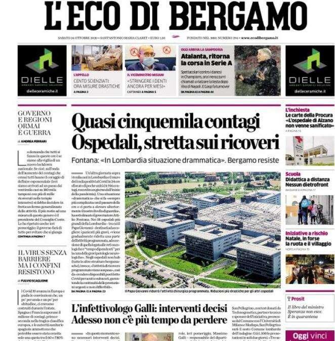 L'Eco di Bergamo: "Quasi cinquemila contagi. Ospedali, stretta sui ricoveri"