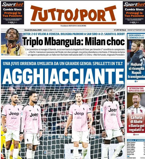 PRIMA PAGINA - Tuttosport: "Triplo Mbangula: Milan choc"