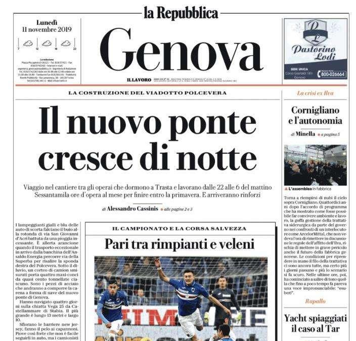 Samp, La Repubblica-Genova: "Pari tra rimpianti e veleni"