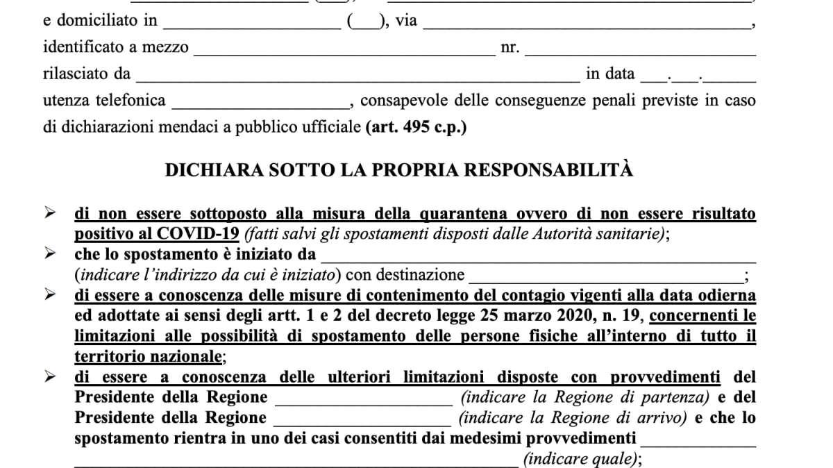 Coronavirus, cambia di nuovo il modulo di autocertificazione: ecco l’ultimo aggiornamento al 26 Marzo