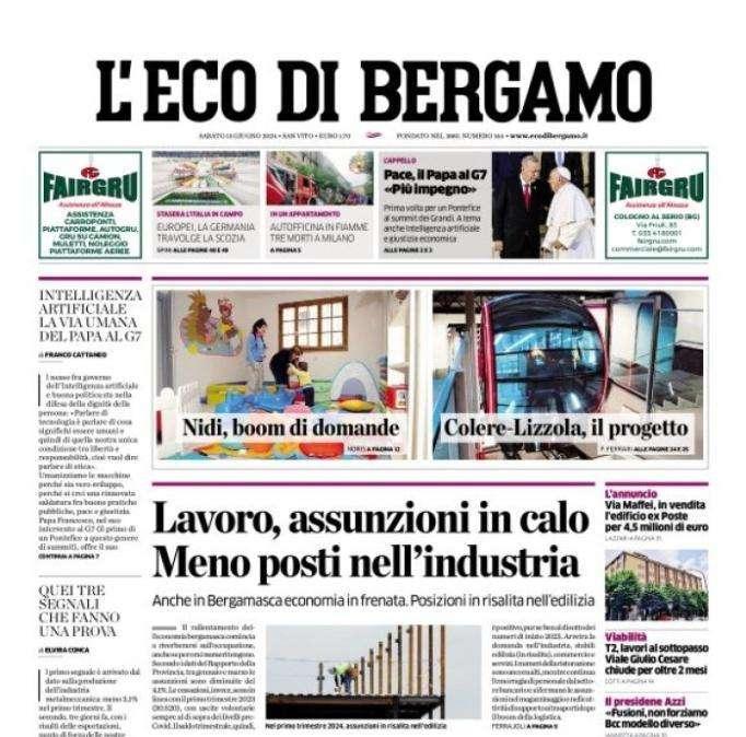 La prima pagina dell'Eco di Bergamo su Euro 2024: "Europei, la Germania travolge la Scozia"