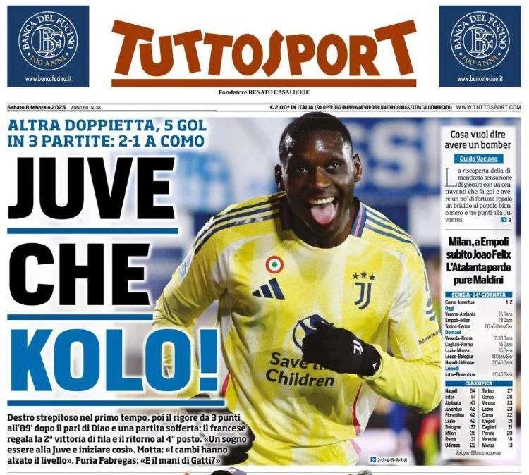 Una sua doppietta stende il Como, l'apertura di Tuttosport: "Juve, che Kolo!"