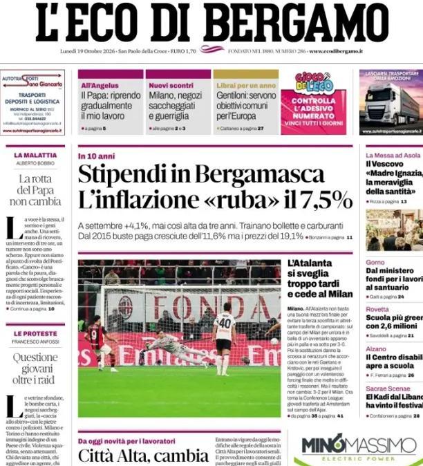 PRIMA PAGINA - L'Eco di Bergamo: "L'Atalanta si sveglia troppo tardi e cede al Milan"