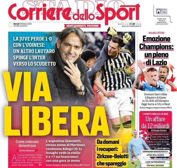 L'apertura del Corriere dello Sport dopo il ko della Juve con l'Udinese: "Inter, via libera"
