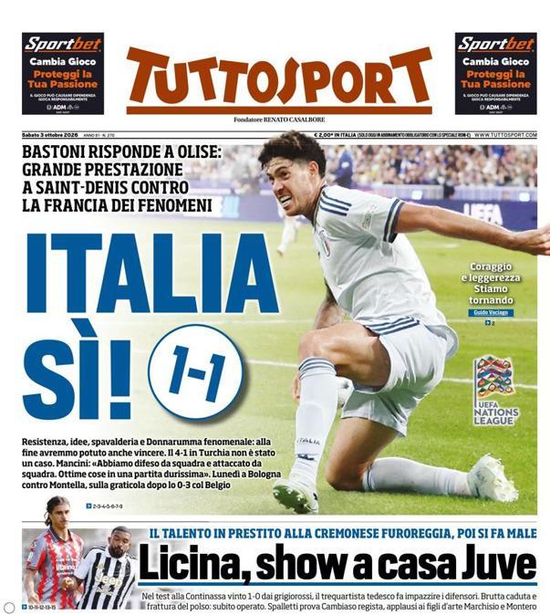 PRIMA PAGINA - Tuttosport: "Italia Sì! (1-1)"