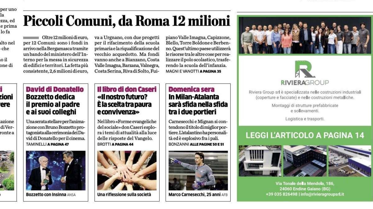 PRIMA PAGINA - L'Eco di Bergamo: "In Milan-Atalanta sarà sfida nella sfida tra i due portieri"