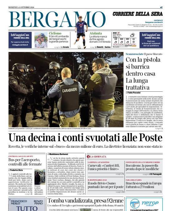 PRIMA PAGINA - Corriere di Bergamo: "Atalanta: La vittoria manca da fine agosto: domani c'è il Venezia "