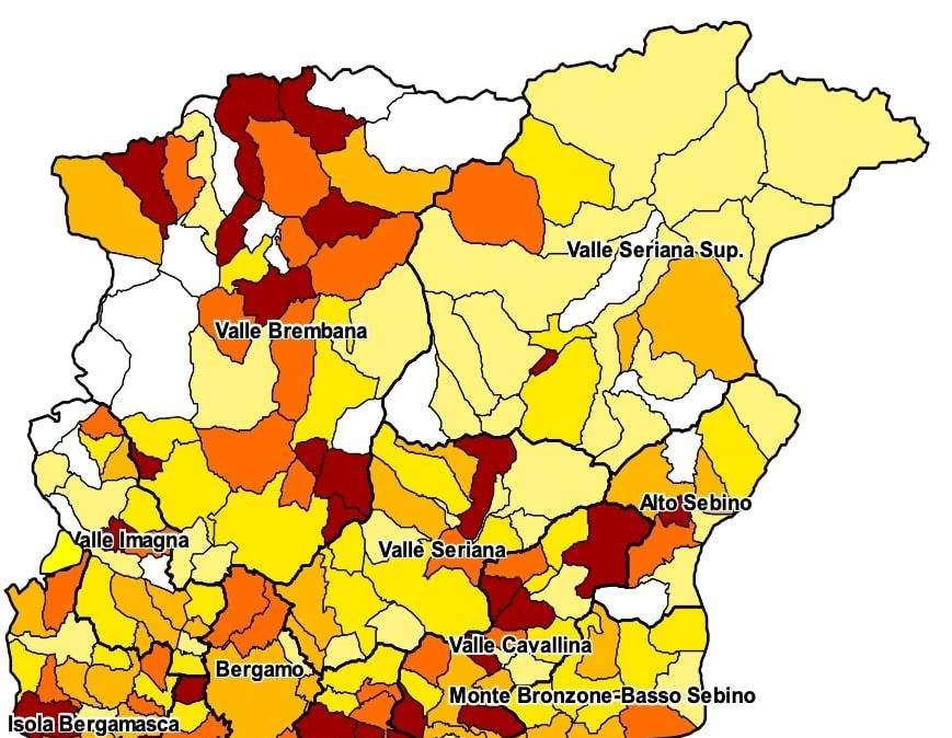 Covid, gli incrementi dei nuovi casi, comune per comune, negli ultimi 7gg nella Bergamasca. In soli 18 Comuni zero casi 