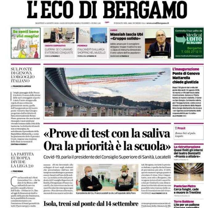 L'Eco di Bergamo: "Prove di test con la saliva. Ora la priorità è la scuola"