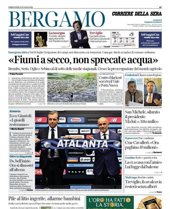 PRIMA PAGINA - Corriere di Bergamo: Ecco Giuntoli: «I gioielli resteranno»