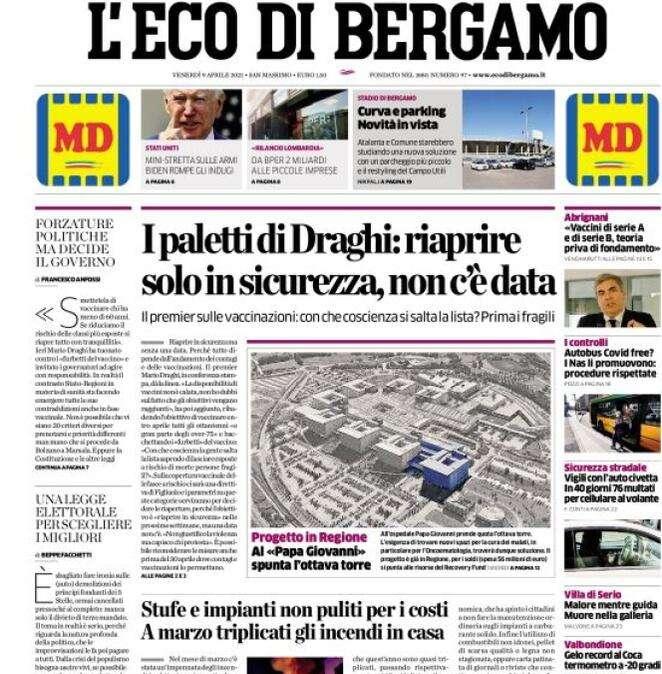 L'apertura de L'Eco di Bergamo: "I paletti di Draghi: riaprire solo in sicurezza, non c’è data"