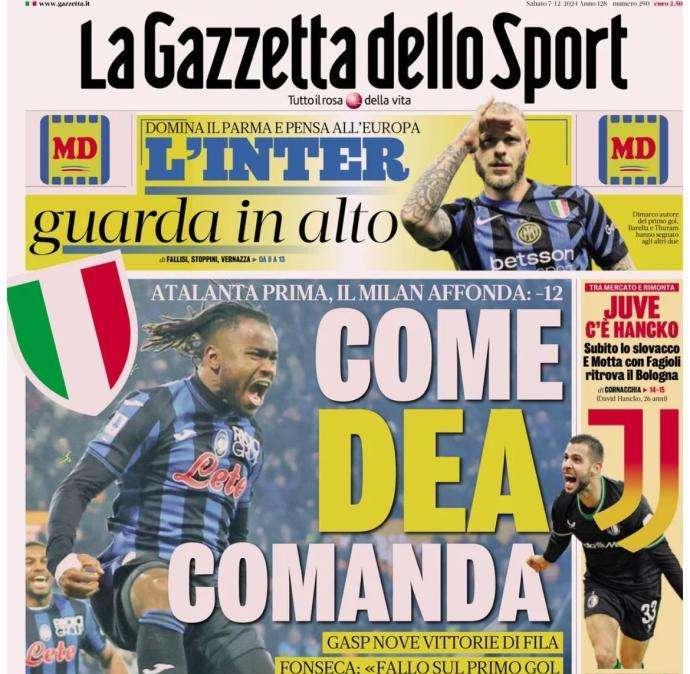 L'apertura de La Gazzetta dello Sport sulle 9 vittorie di fila dell'Atalanta: "Come Dea comanda"