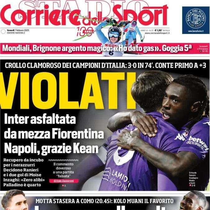 L'Inter cade a Firenze e resta a -3 dal Napoli, il Corriere dello Sport in apertura: "Violati"