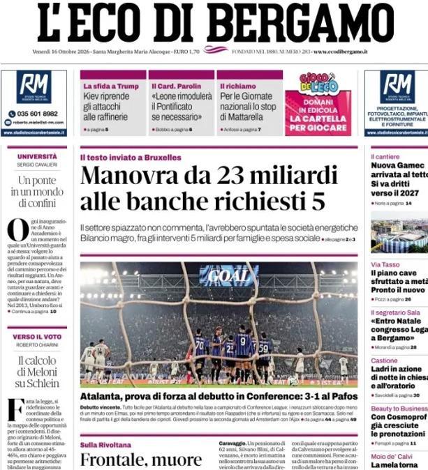 PRIMA PAGINA - L'Eco di Bergamo: "Atalanta, prova di forza al debutto in Conference: 3-1 al Pafos"
