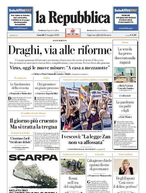 Le Repubblica: "Virus, oggi le nuove misure: 'A casa a mezzanotte'"