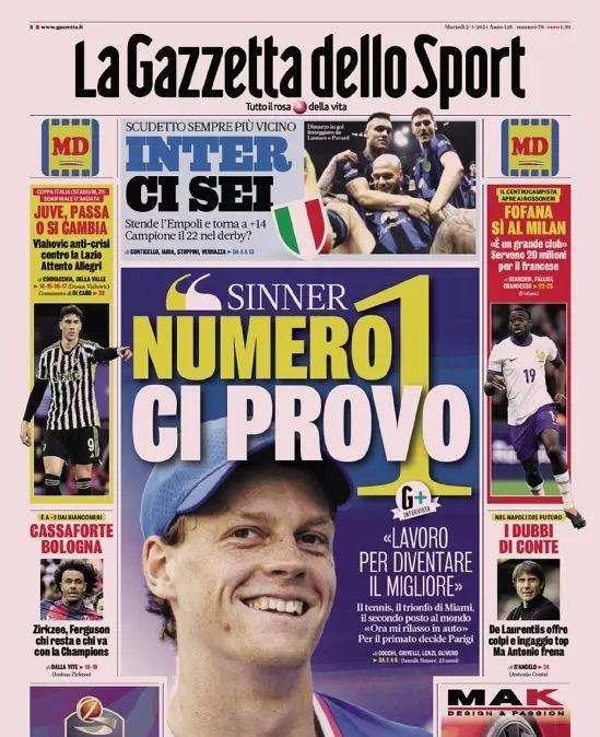 La prima pagina de La Gazzetta dello Sport dopo il 2-0 all'Empoli: "Inter ci sei"