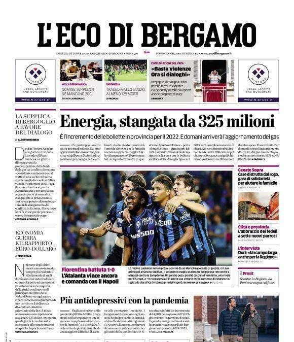 L'Eco di Bergamo in apertura sull'Atalanta: "Vince ancora e comanda con il Napoli"