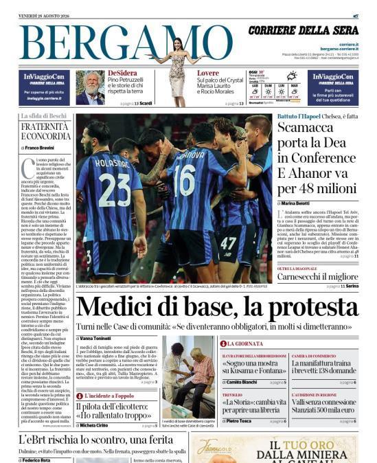 PRIMA PAGINA - Corriere di Bergamo: "Scamacca porta la Dea in Conference E Ahanor va per 48 milioni"