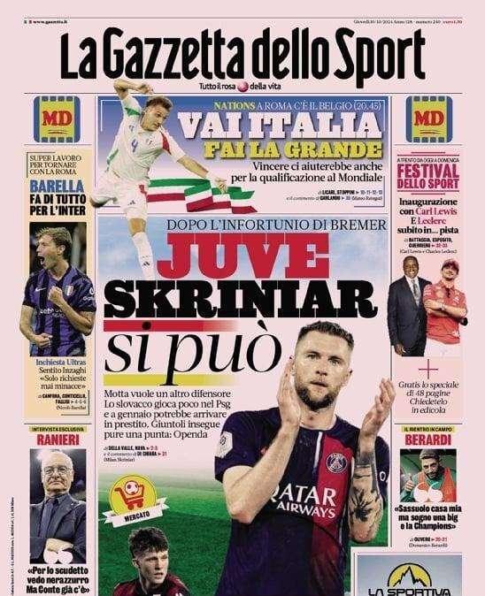 La Gazzetta dello Sport apre sul mercato bianconero: "Juve, Skriniar si può fare"