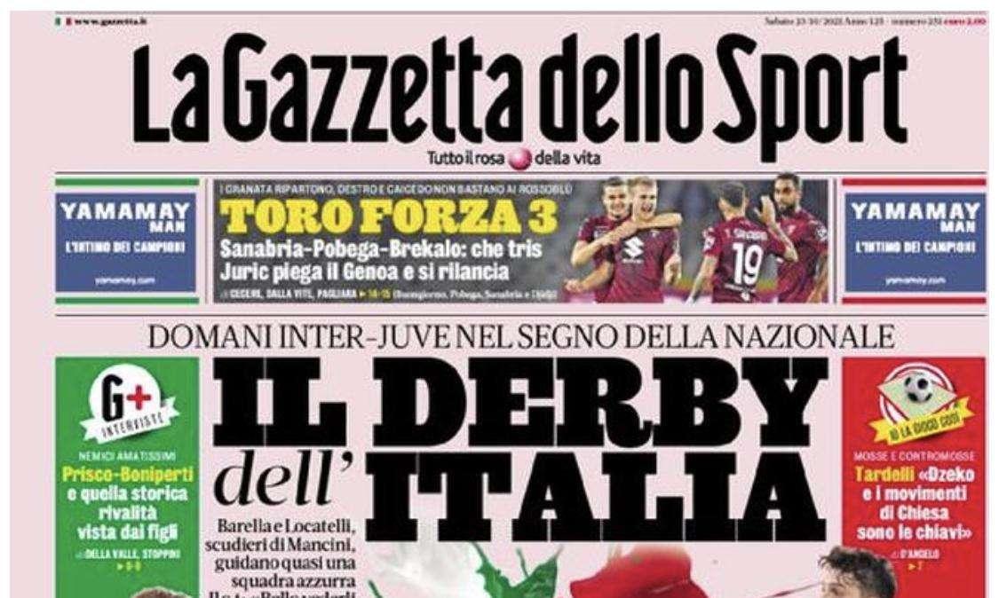 L'apertura de La Gazzetta dello Sport: "Il derby d'Italia"