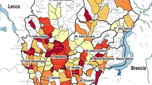 Gli incrementi dei nuovi casi, comune per comune, negli ultimi 7gg nella Bergamasca. 123 Comuni con zero casi 