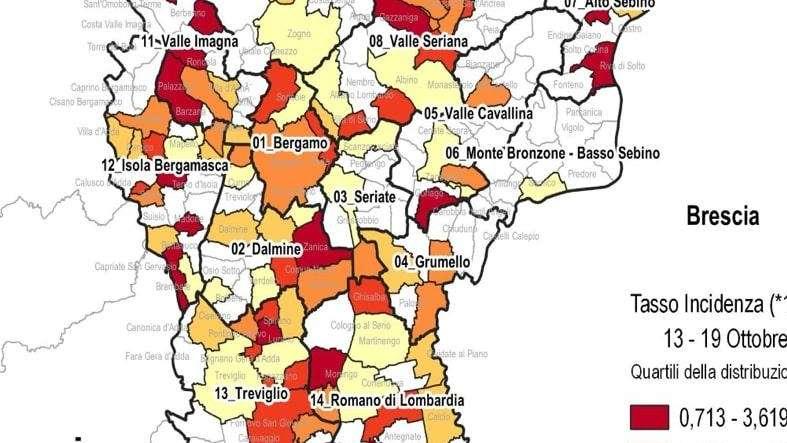 Gli incrementi dei nuovi casi, comune per comune, negli ultimi 7gg nella Bergamasca. 155 Comuni con zero casi 