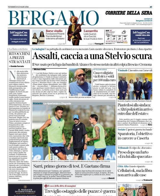 PRIMA PAGINA - Corriere di Bergamo: "Sarri, primo giorno di test. E Gaetano firma"