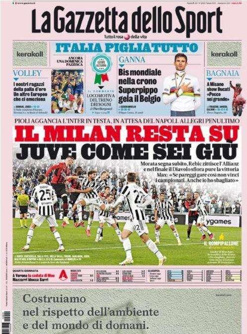 L'apertura de La Gazzetta dello Sport: "Il MIlan resta su. Juve, come sei giù"