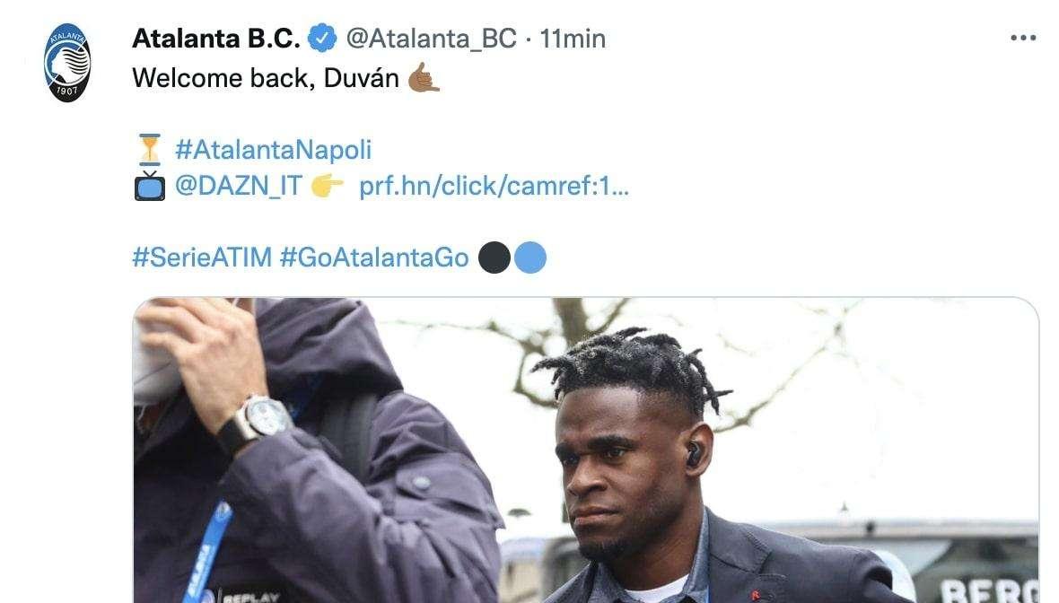 FOTO - L'Atalanta celebra il ritorno di Zapata: "Welcome back, Duván"