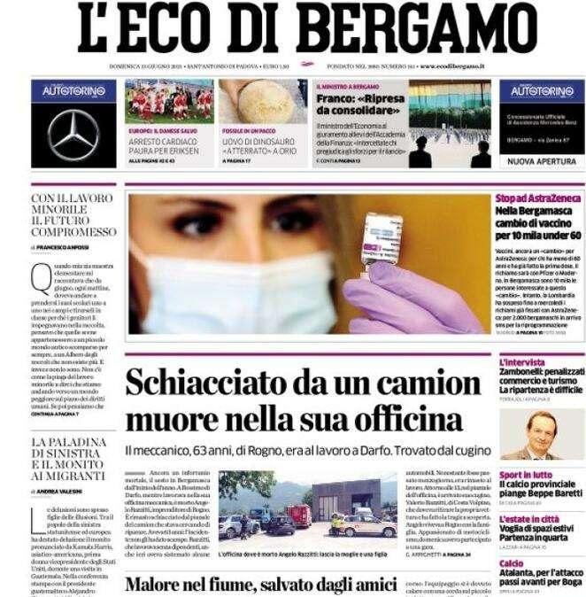 L'Eco di Bergamo: "Stop AstraZeneca, nella Bergamasca cambio di vaccino per 10 mila under 60"