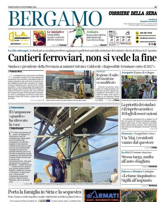 PRIMA PAGINA - Corriere di Bergamo: "Atalanta: Nuove idee tattiche dalle Nazionali, ma si ferma Rasp"