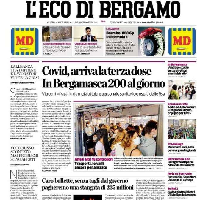 L'Eco di Bergamo: "Stasera il Sassuolo. L'Atalanta cerca i primi 3 punti in casa"