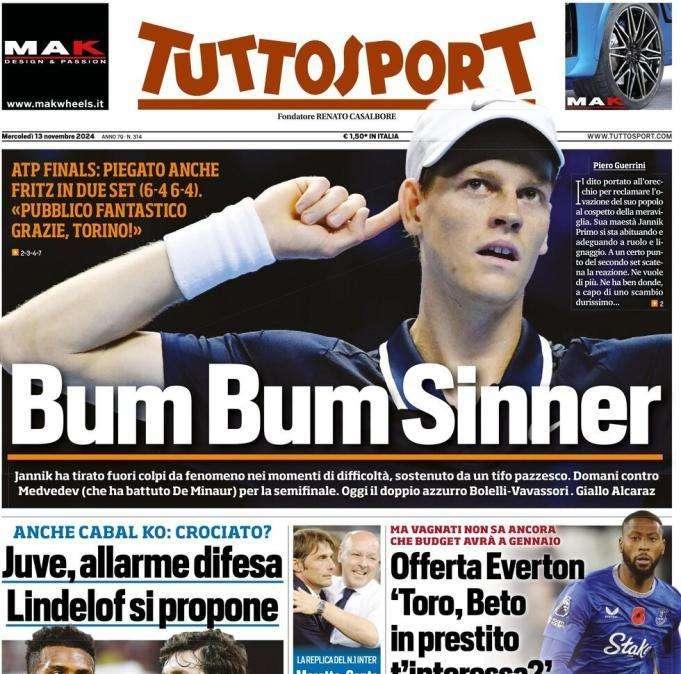 Tuttosport in apertura: "Juve, allarme difesa: Lidelof si propone". Cabal va ko