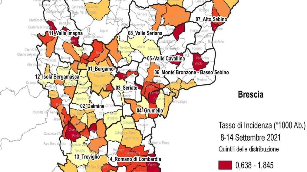 Gli incrementi dei nuovi casi, comune per comune, negli ultimi 7gg nella Bergamasca. 149 Comuni con zero casi 