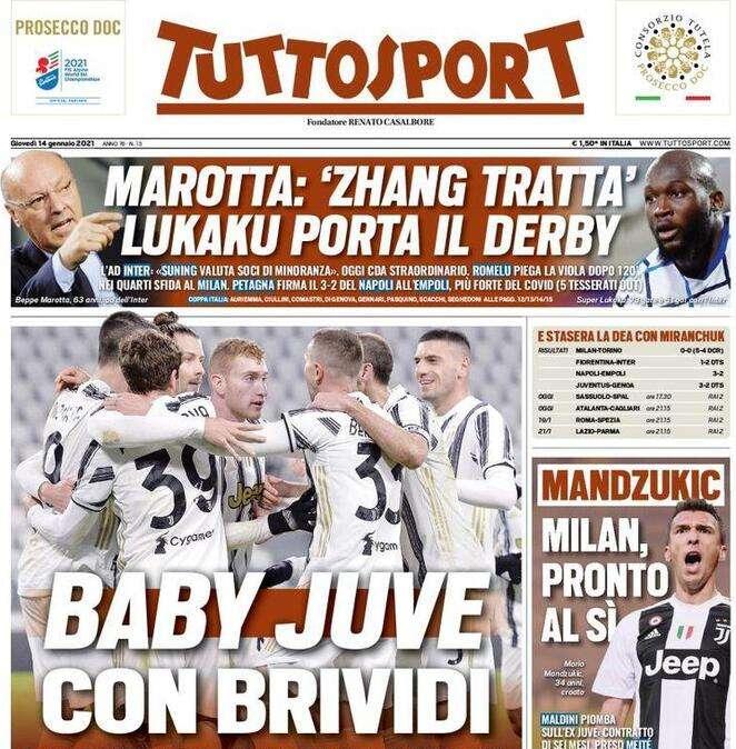Tuttosport in apertura: Marotta: "Zhang tratta". Lukaku porta il derby