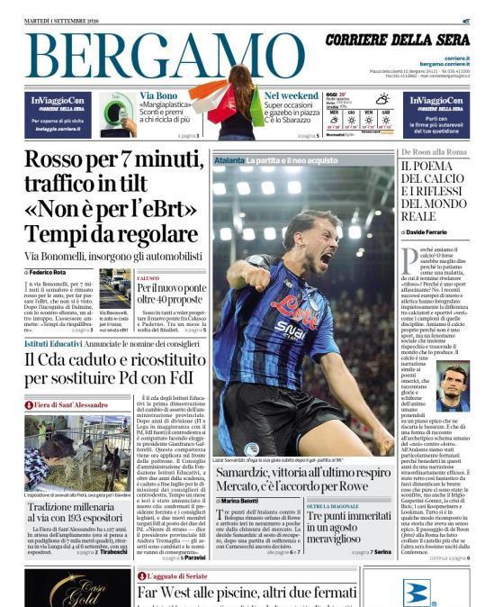 PRIMA PAGINA - Corriere di Bergamo: "Samardzic, vittoria all’ultimo respiro Mercato, c’è l’accordo per Rowe"