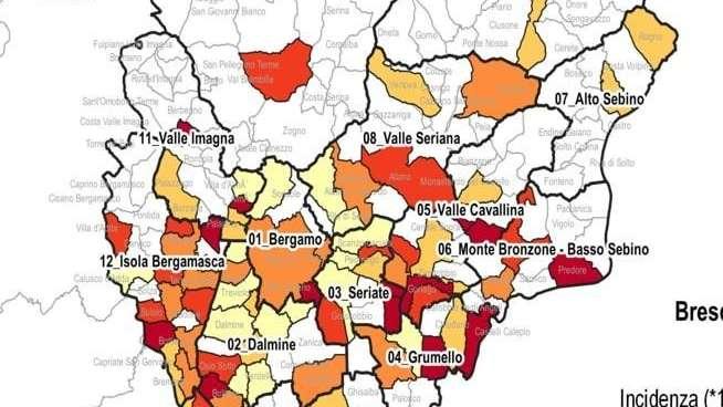 Gli incrementi dei nuovi casi, comune per comune, negli ultimi 7gg nella Bergamasca. 153 Comuni con zero casi 