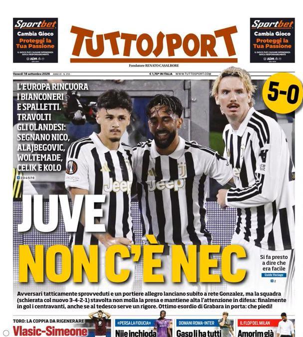 PRIMA PAGINA - Tuttosport: "Juve non c'è Nec"