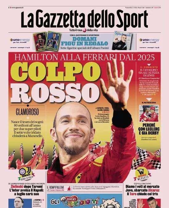 La prima pagina de La Gazzetta dello Sport: "Zielinski dopo Taremi, l'Inter avvisa il Napoli"