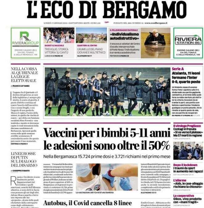 L’apertura de L’Eco di Bergamo: “Atalanta, 11 leoni fermano l’Inter 0-0, quarto posto”