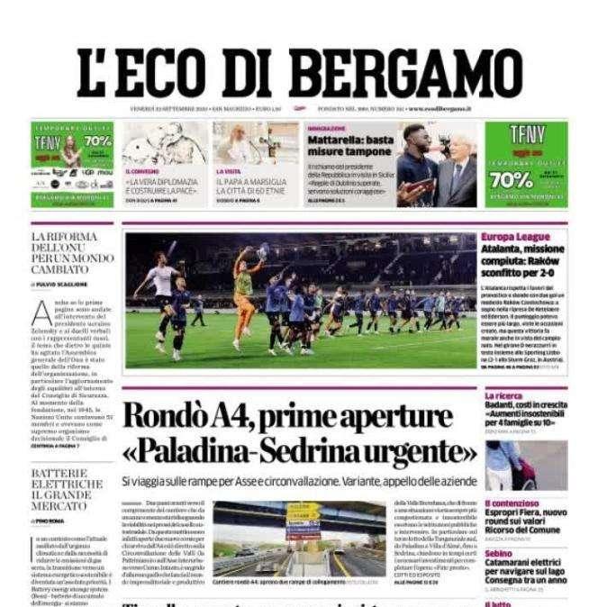 L'Eco di Bergamo apre: "Atalanta, missione compiuta". Rakow battuto 2-0
