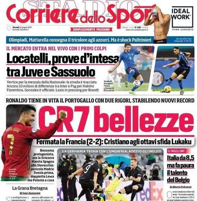 L'apertura del Corriere dello Sport: "CR7 bellezze". Ronaldo porta il Portogallo agli ottavi