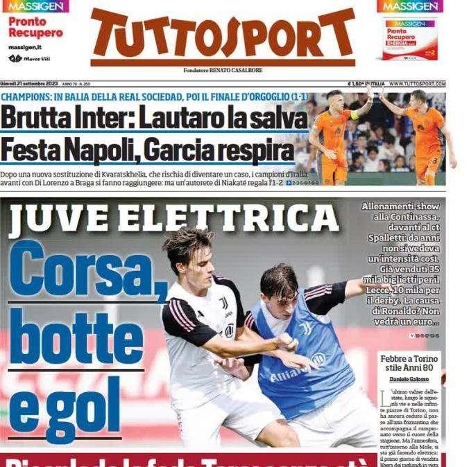 Tuttosport in prima pagina titola sui bianconeri: "Juve elettrica: corsa, botte e gol"