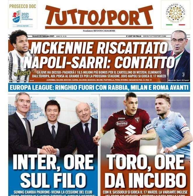 La doppia apertura di Tuttosport: "Inter, ore sul filo. Toro, ore da incubo"