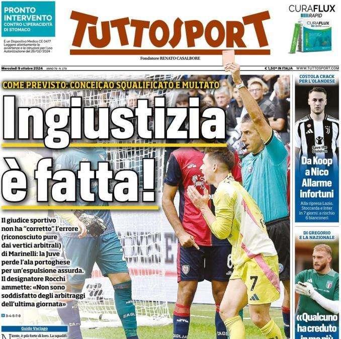 La prima pagina di Tuttosport sulla squalifica di Conceicao: "Ingiustizia è fatta!"