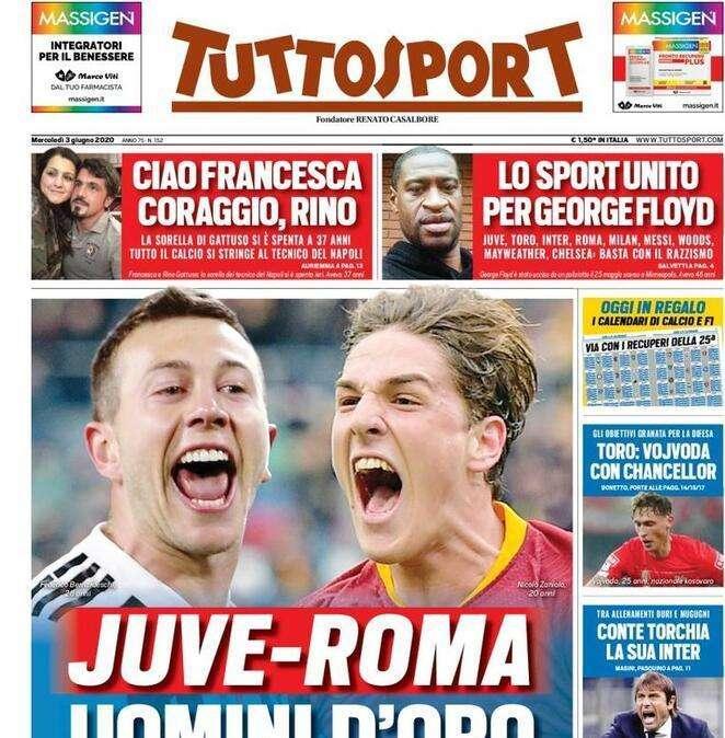 Tuttosport in apertura: "Juve-Roma, uomini d'oro"