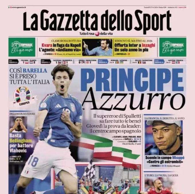 La Gazzetta dello Sport esalta Barella in prima pagina: “Principe Azzurro”