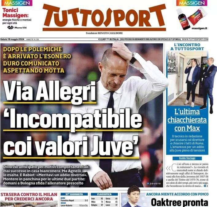 Tuttosport in prima pagina: "Via Allegri, incompatibile coi valori della Juve"