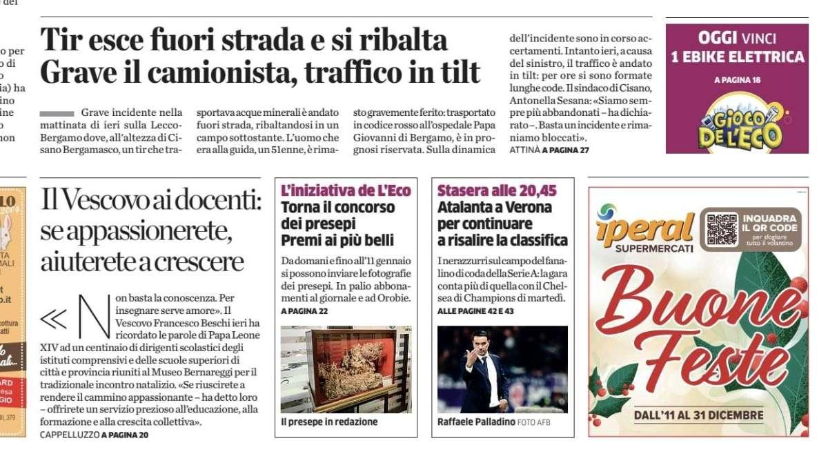 PRIMA PAGINA - L'Eco di Bergamo: "Stasera alle 20,45 Atalanta a Verona per continuare a risalire la classifica"